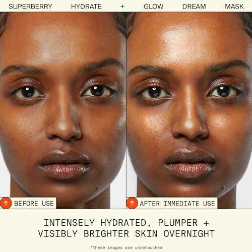 Comparison of face before and after skincare use, showing hydrated and brighter skin.