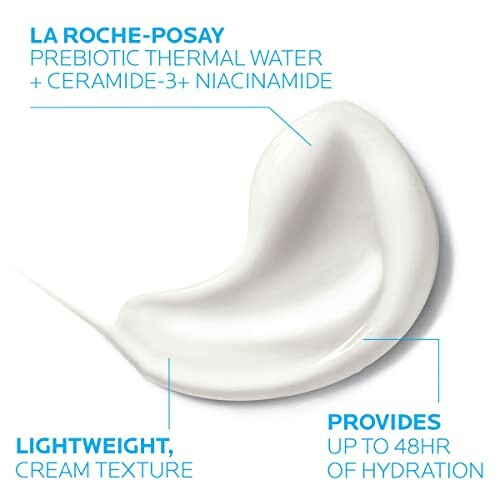 Swatch of La Roche-Posay cream with text highlighting ingredients and benefits.