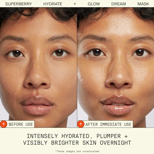 Before and after comparison of skincare mask application showing hydrated, plumper skin.