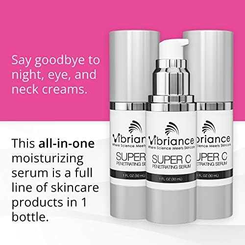 Vibriance Super C serum with three bottles and text highlighting its all-in-one moisturizing benefits.