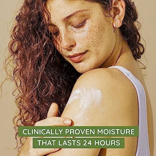 Woman applying moisturizer on arm with text 'Clinically Proven Moisture That Lasts 24 Hours'